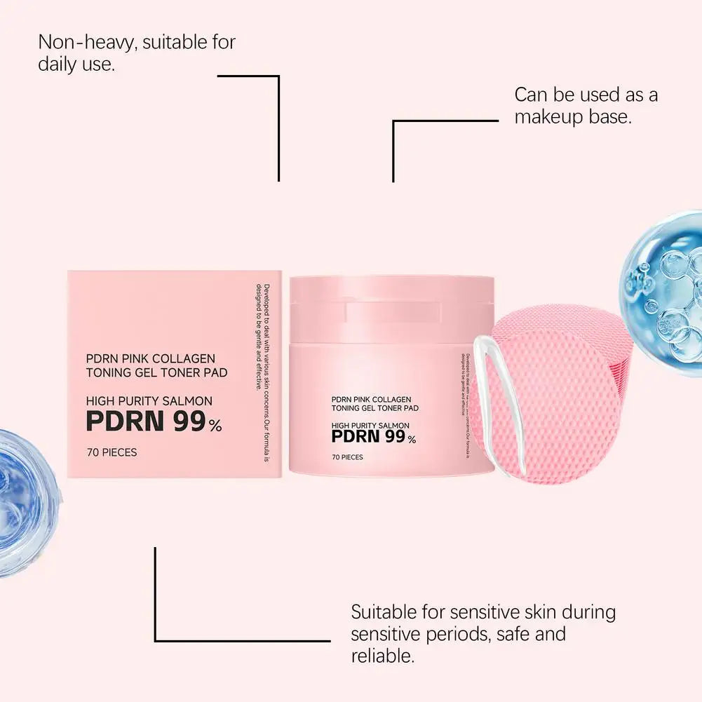 70Pcs Korean PDRN Salmon Collagen Toner Pads,99% High Purity Pink Gel Cotton Pad Hydrate Calm Redness Repair Barrier Brighten