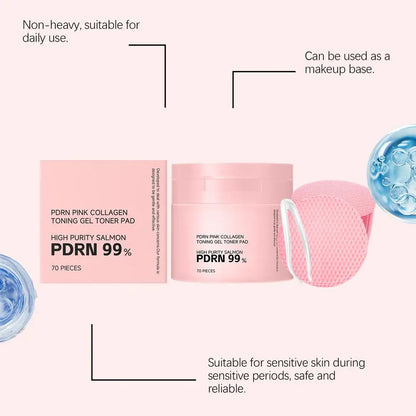 70Pcs Korean PDRN Salmon Collagen Toner Pads,99% High Purity Pink Gel Cotton Pad Hydrate Calm Redness Repair Barrier Brighten