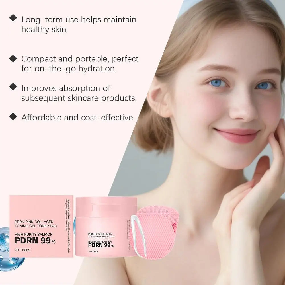 70Pcs Korean PDRN Salmon Collagen Toner Pads,99% High Purity Pink Gel Cotton Pad Hydrate Calm Redness Repair Barrier Brighten