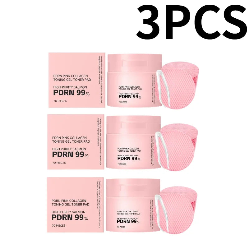 70Pcs Korean PDRN Salmon Collagen Toner Pads,99% High Purity Pink Gel Cotton Pad Hydrate Calm Redness Repair Barrier Brighten