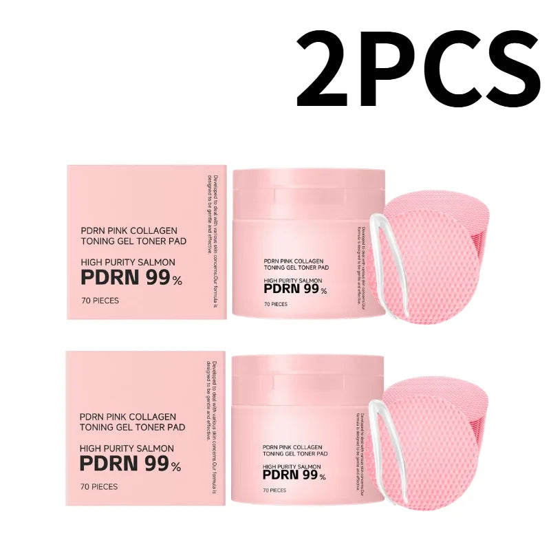 70Pcs Korean PDRN Salmon Collagen Toner Pads,99% High Purity Pink Gel Cotton Pad Hydrate Calm Redness Repair Barrier Brighten
